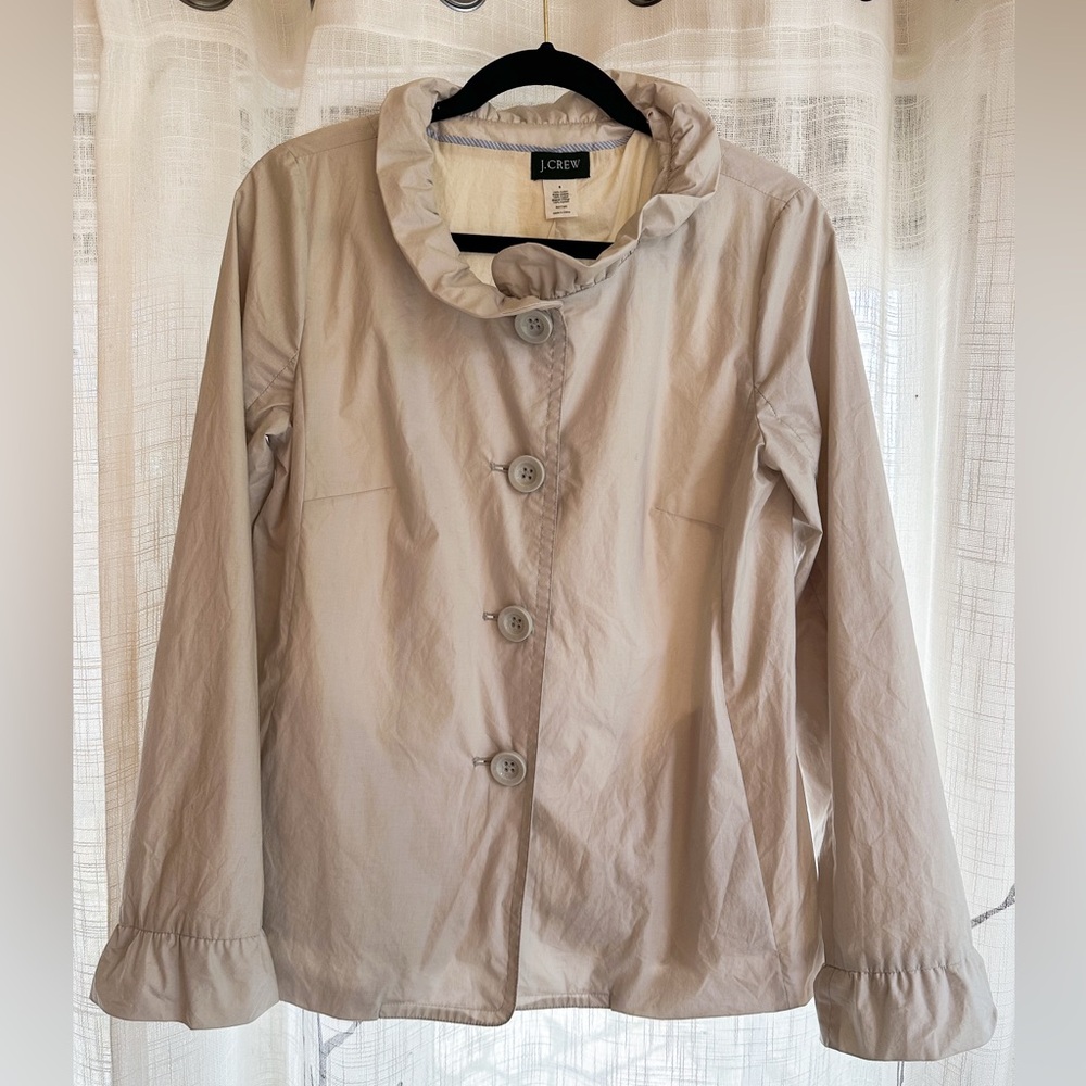 J Crew Women’s Ruffle Neck Button Up Lightweight Jacket Size 8 Color Light Gray